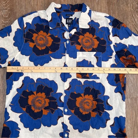 GAP Linen Cotton Floral Camp Collar Button Down Shirt Blue Orange | Size: L - Picture 2 of 7